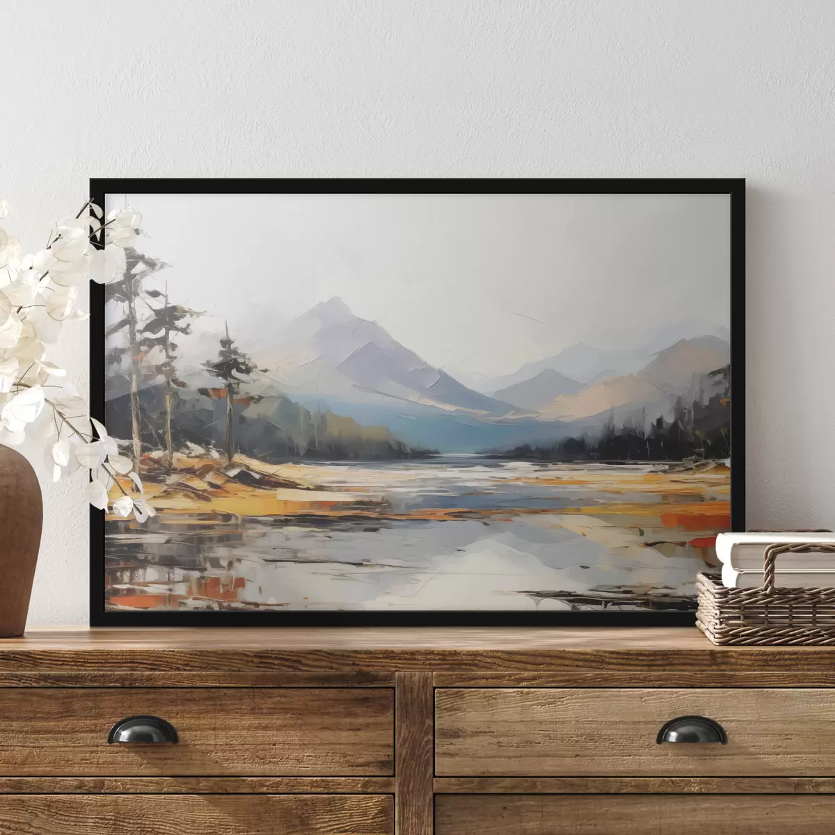 Poster Bergketten im Tal Ölgemälde, Landschaft, Natur, blau, weiß, gelb Farbe f39128