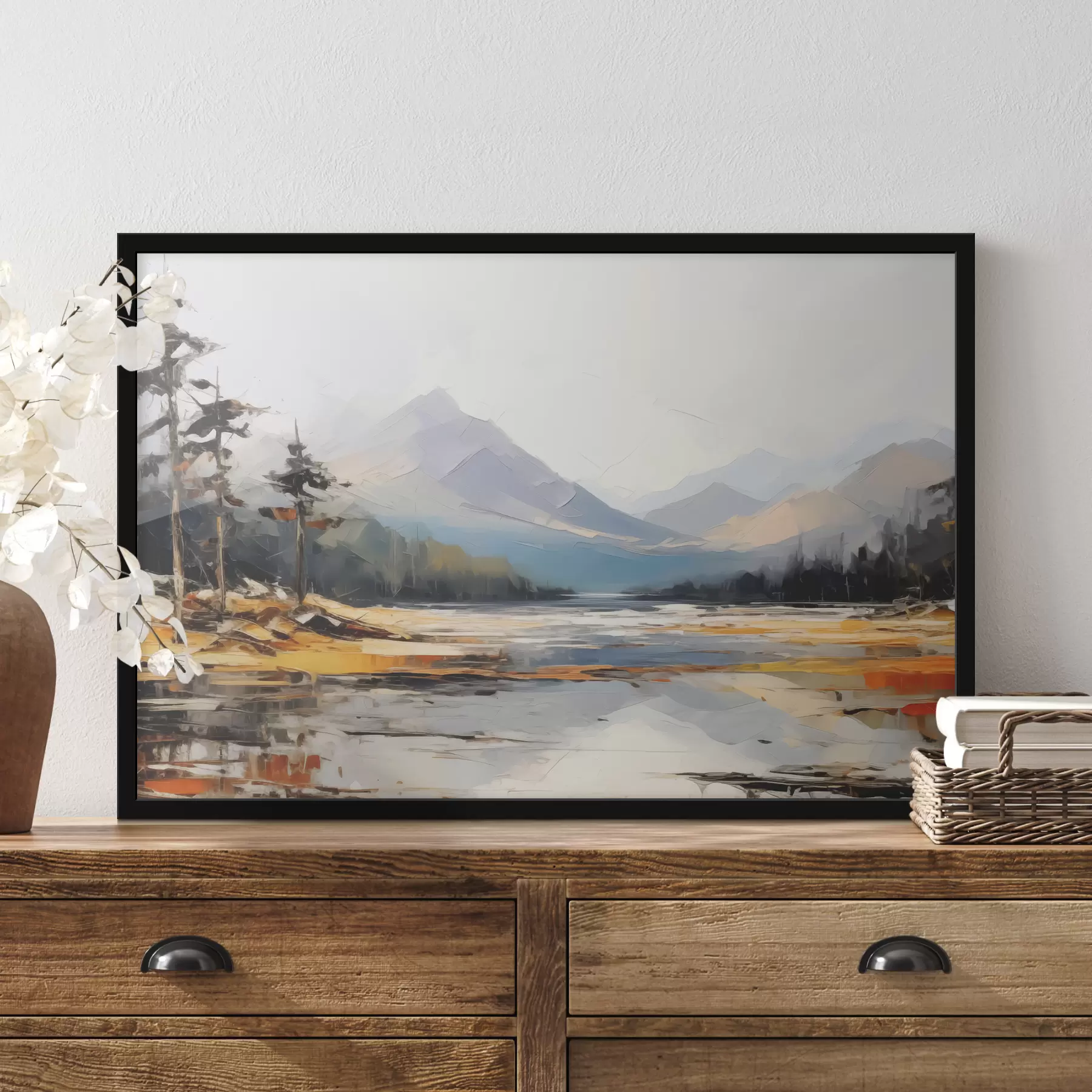 Fototapete Bergketten im Tal Ölgemälde, Landschaft, Natur, blau, weiß, gelb Farbe f39128