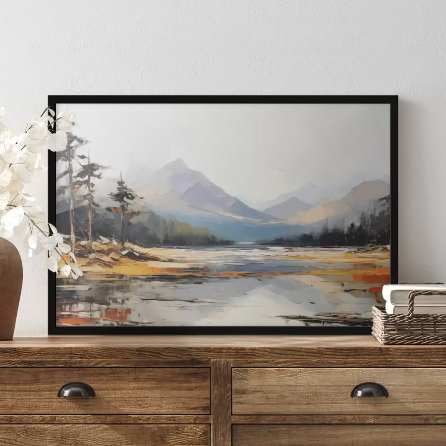 Fototapete Bergketten im Tal Ölgemälde, Landschaft, Natur, blau, weiß, gelb Farbe f39128