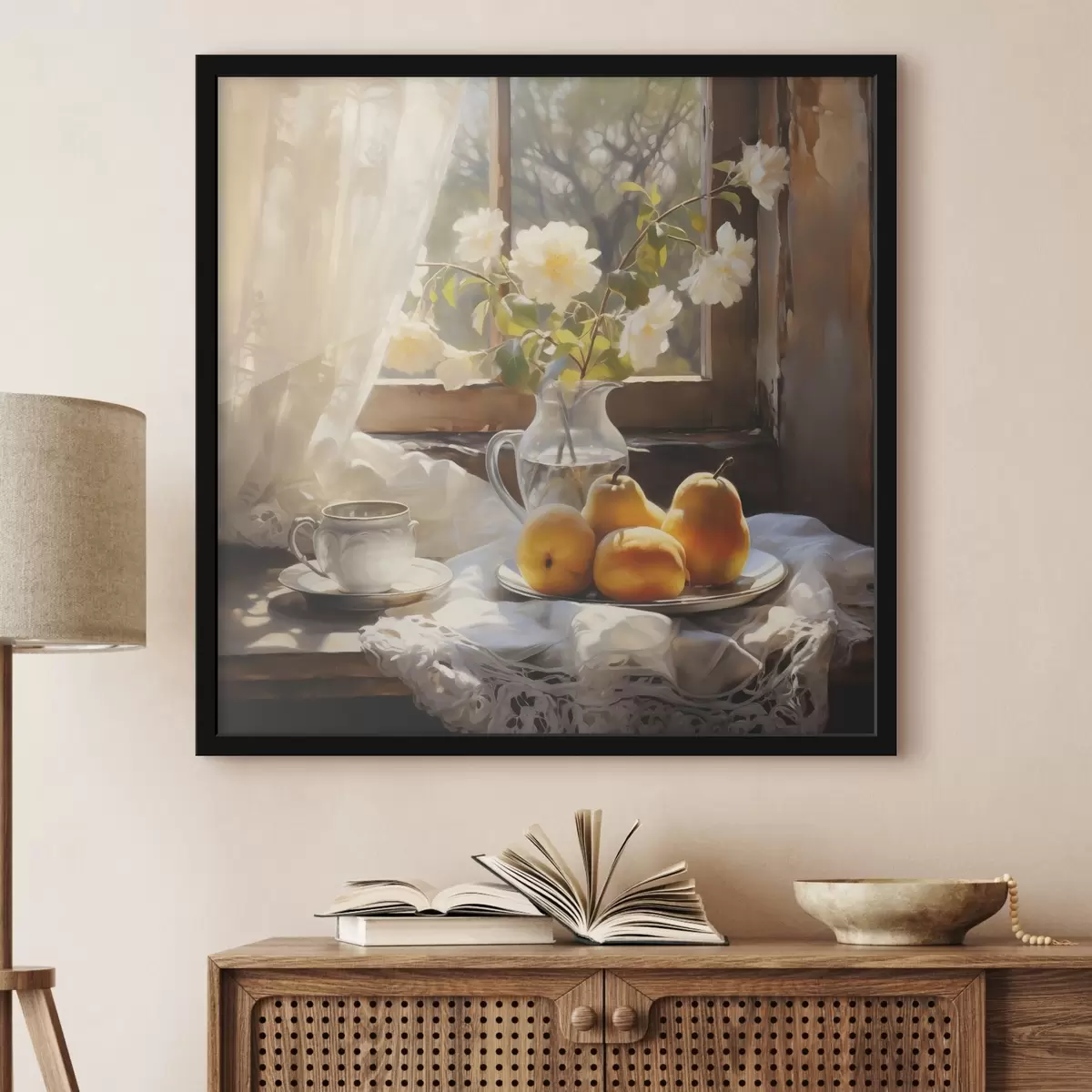 Poster Rustikales Stilleben mit gelben reifen Birnen auf einem Teller auf einem Tisch am Fenster, weiße Rosen in einem Glaskrug, weiße Spitzenvorhänge f39129