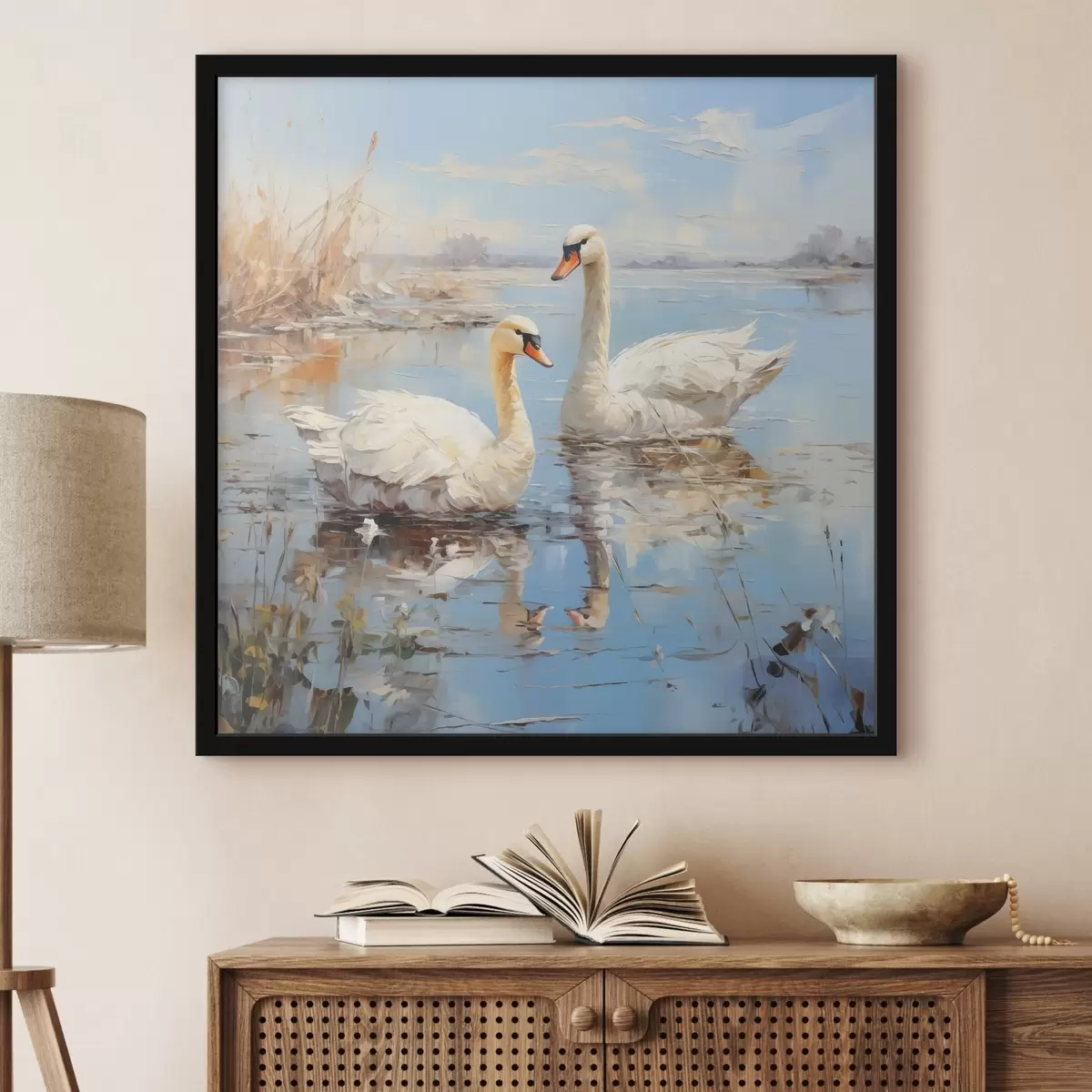 Poster Weiße Gänse schwimmen entlang des Flusses zwischen dem Schilf, blau, weiß, beige f39130