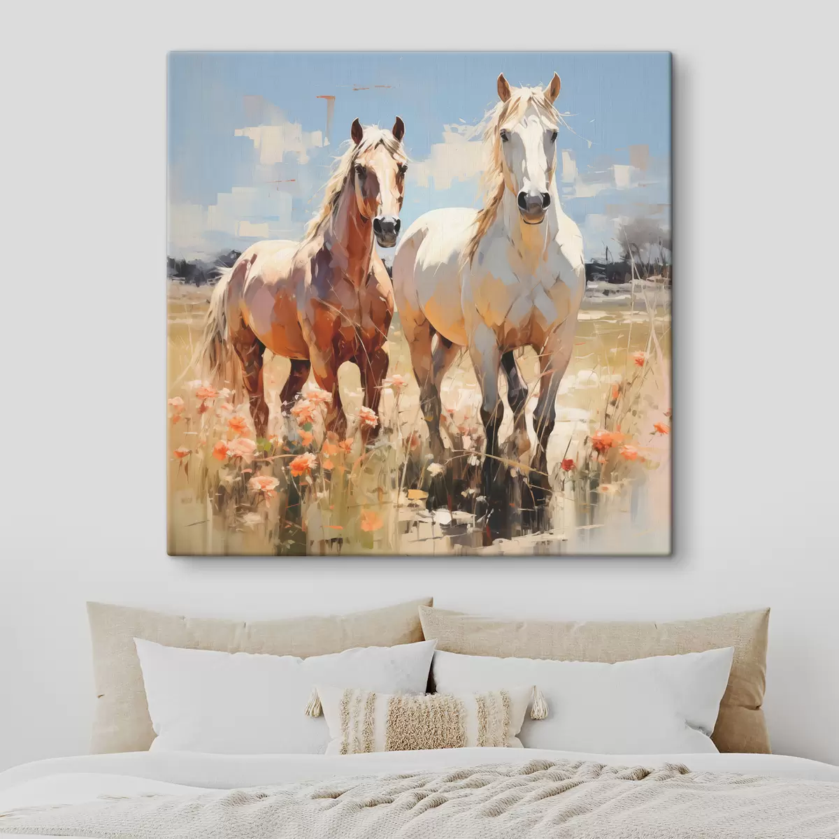 Wandbilder Weiße und braune Pferde grasen auf einer Wiese zwischen Wildblumen Ölgemälde abstrakte Kunst s39187