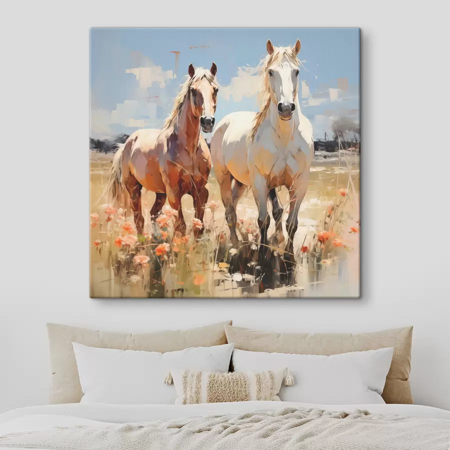 Wandbilder Weiße und braune Pferde grasen auf einer Wiese zwischen Wildblumen Ölgemälde abstrakte Kunst s39187