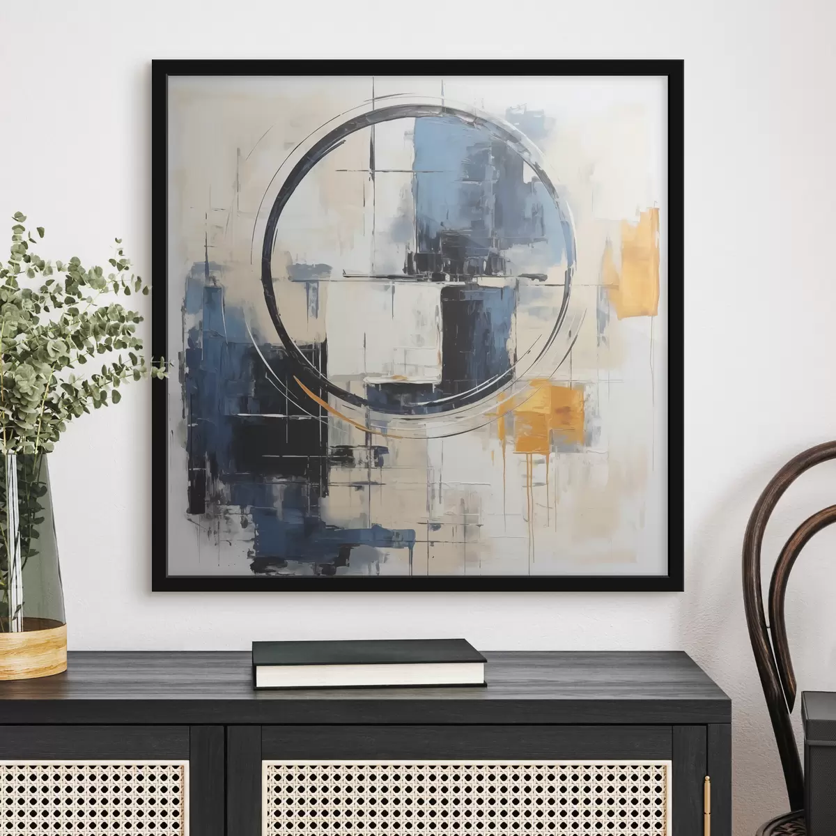 Poster Abstrakter Kubismus, blaue, orange, weiße Striche, kreisförmige Figur f39179