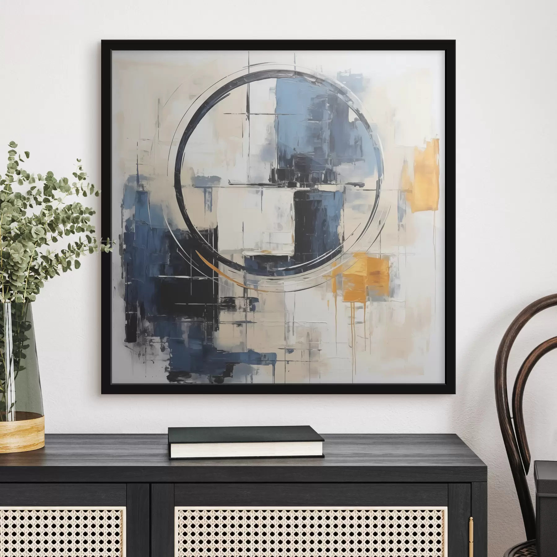 Fototapete Abstrakter Kubismus, blaue, orange, weiße Striche, kreisförmige Figur f39179