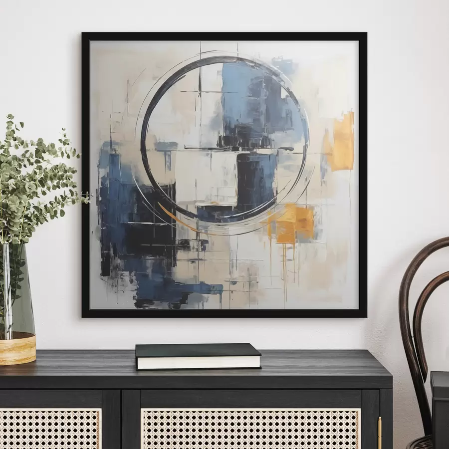 Fototapete Abstrakter Kubismus, blaue, orange, weiße Striche, kreisförmige Figur f39179