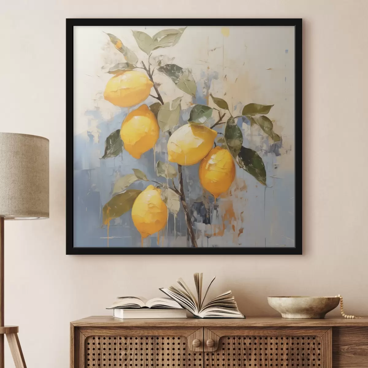 Poster Zweig mit reifen Zitronen, Ölgemälde, abstrakte Kunst, gelbe, blaue und grüne Farben f39186