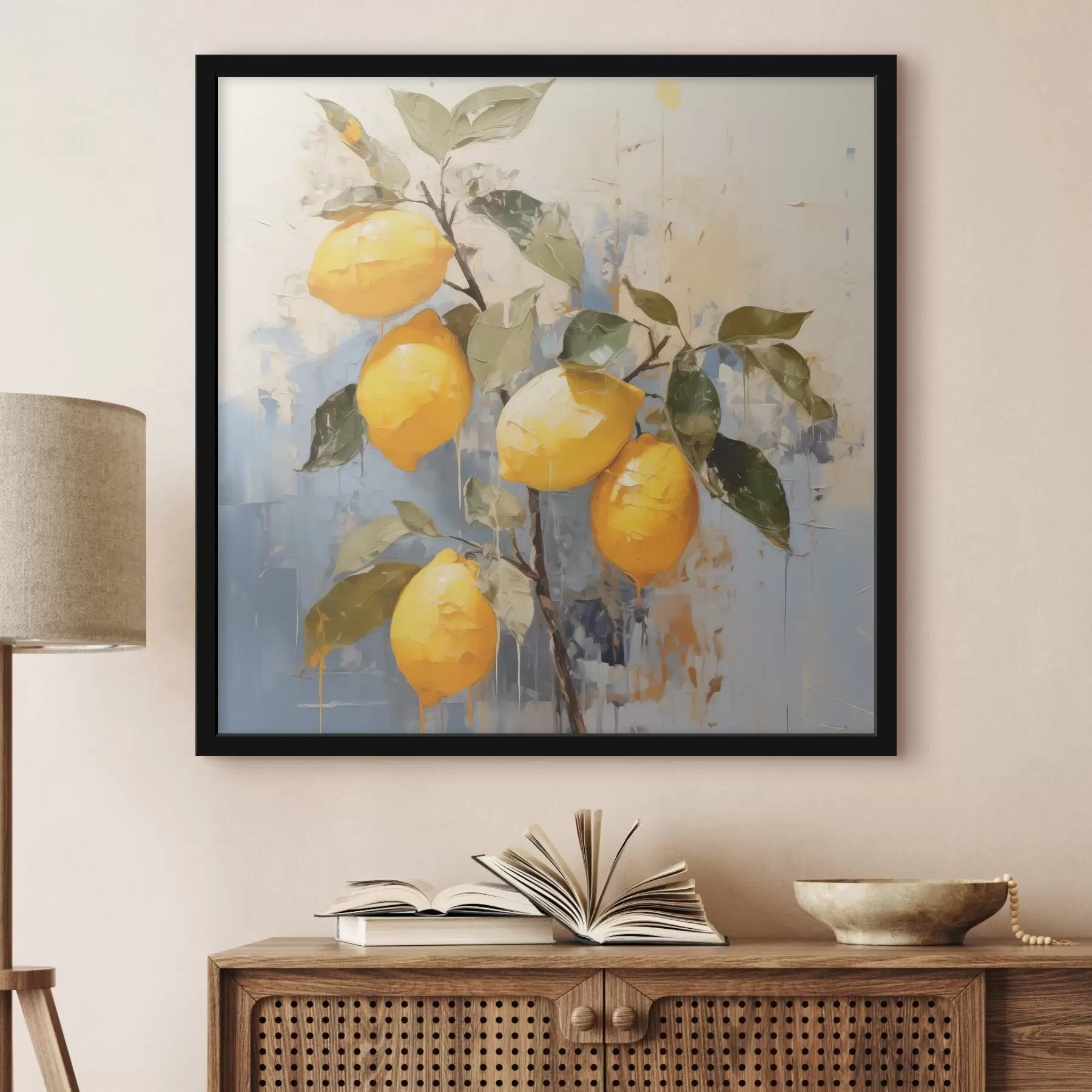 Fototapete Zweig mit reifen Zitronen, Ölgemälde, abstrakte Kunst, gelbe, blaue und grüne Farben f39186