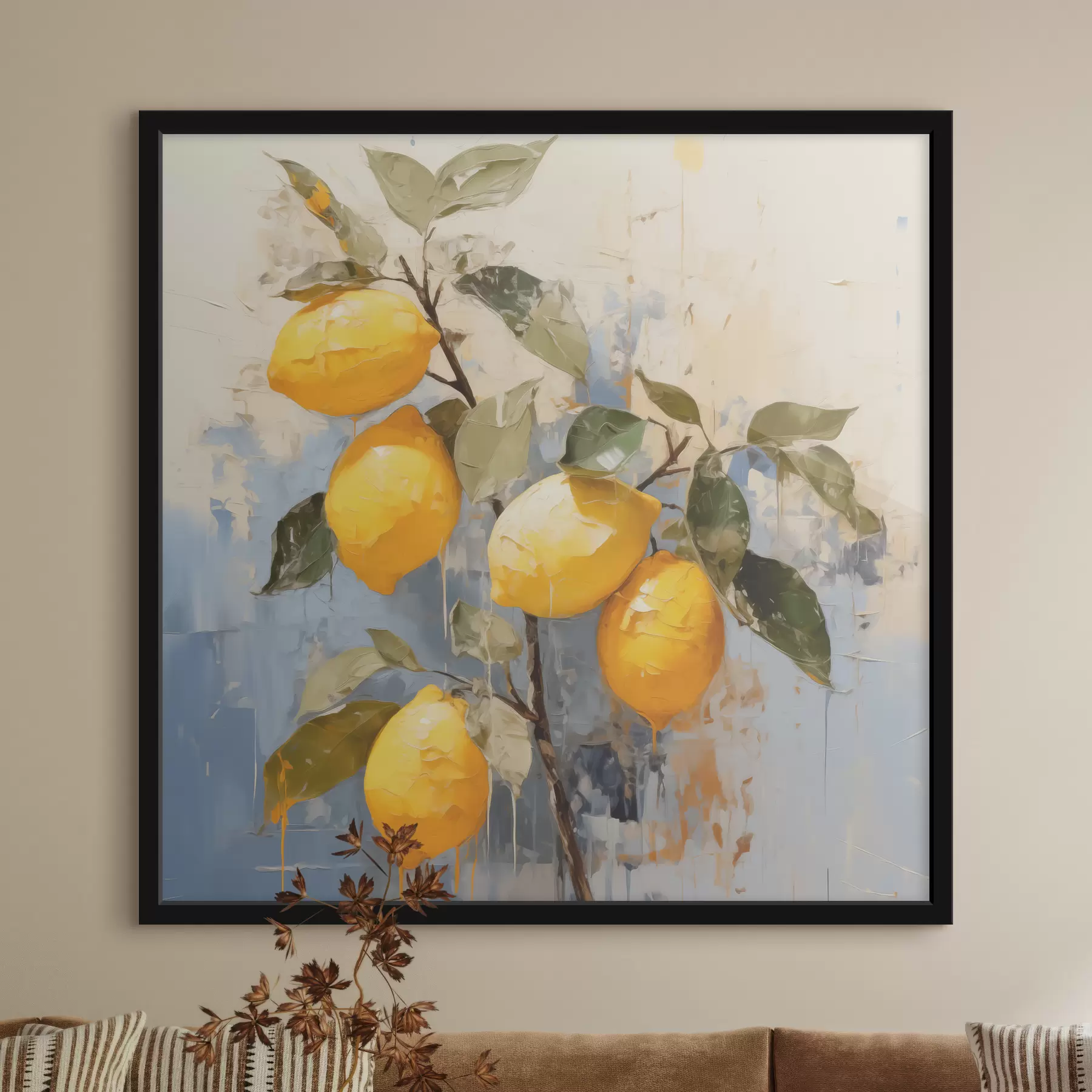 Wandbilder Zweig mit reifen Zitronen, Ölgemälde, abstrakte Kunst, gelbe, blaue und grüne Farben f39186