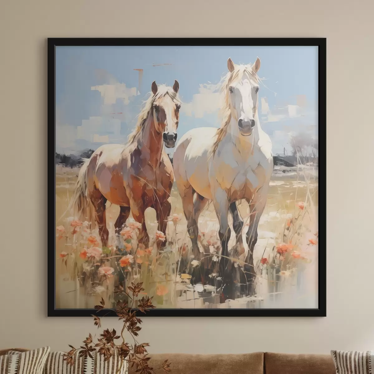 Poster Weiße und braune Pferde grasen auf einer Wiese zwischen wilden Blumen, Ölgemälde, abstrakte Kunst f39187
