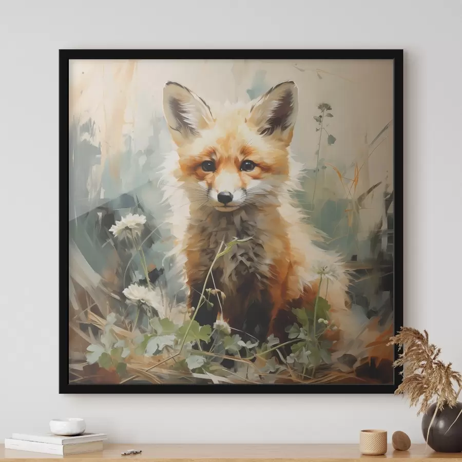 Fototapete Rotfuchs sitzt im trockenen Gras auf grünem Hintergrund. Ölgemälde f39191