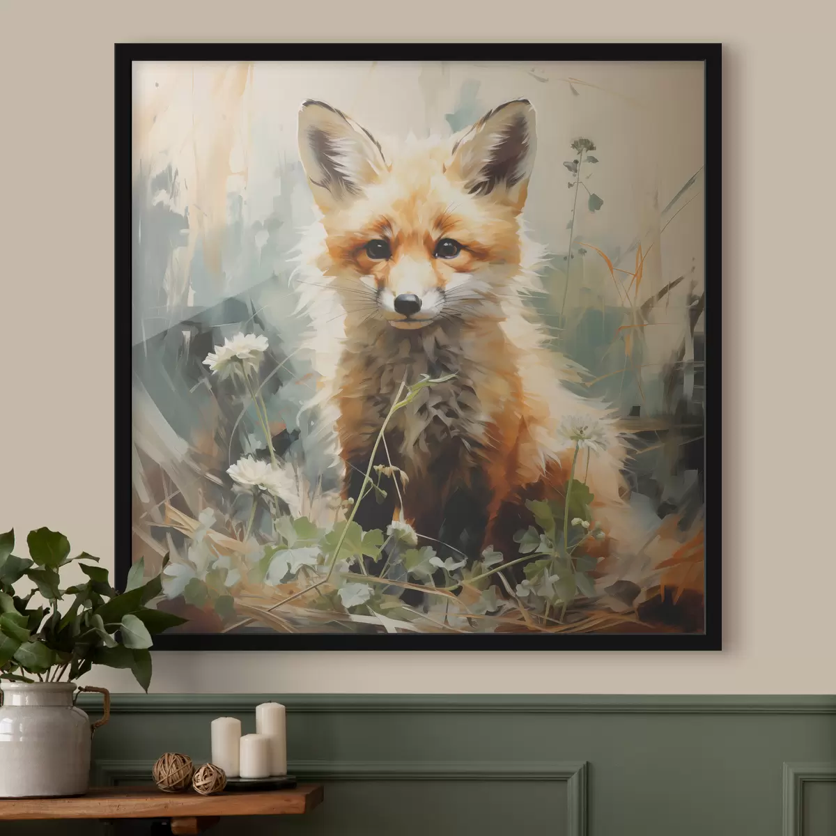 Poster Rotfuchs sitzt im trockenen Gras auf grünem Hintergrund. Ölgemälde f39191