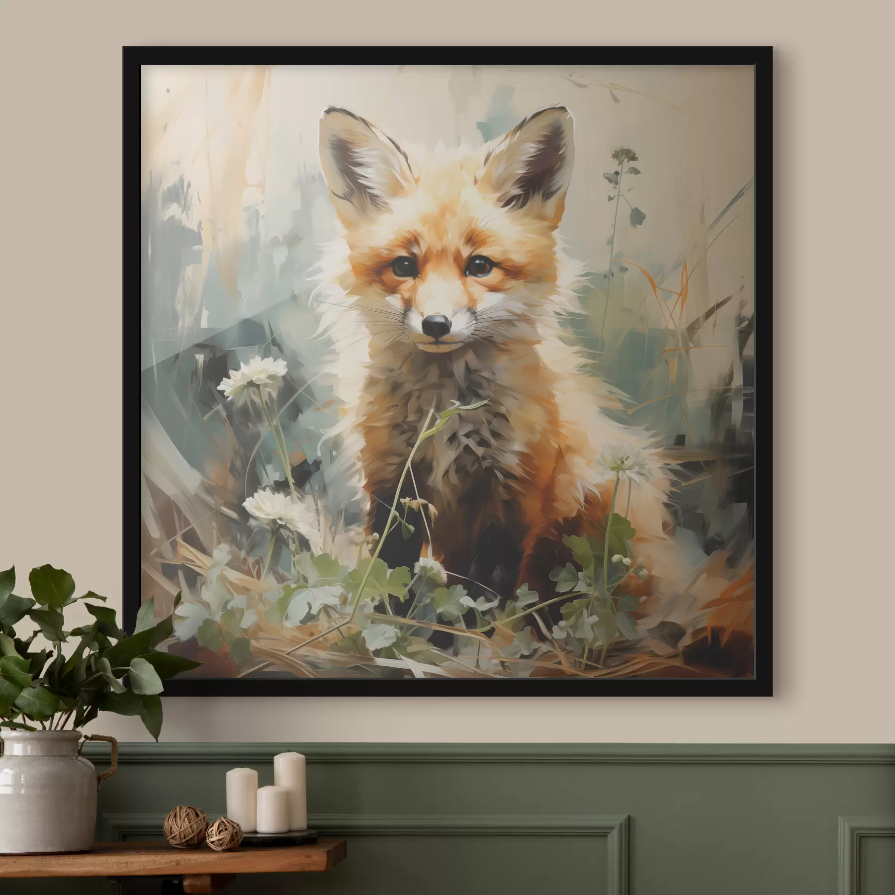 Fototapete Rotfuchs sitzt im trockenen Gras auf grünem Hintergrund. Ölgemälde f39191