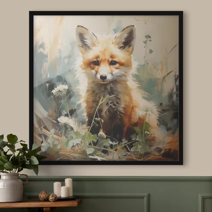 Fototapete Rotfuchs sitzt im trockenen Gras auf grünem Hintergrund. Ölgemälde f39191