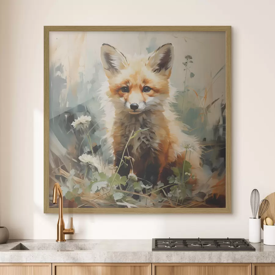 Fototapete Rotfuchs sitzt im trockenen Gras auf grünem Hintergrund. Ölgemälde f39191