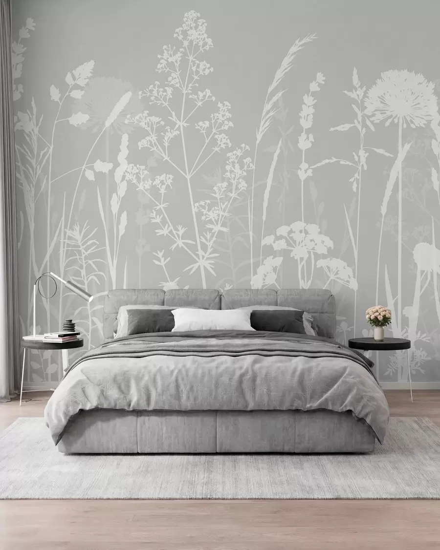 Fototapete Sanfte Feldpflanzen und Blumen Minimalismus graue Farbe w01270v1
