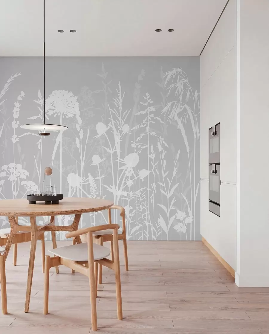 Fototapete Sanfte Feldpflanzen und Blumen Minimalismus graue Farbe w01270v1
