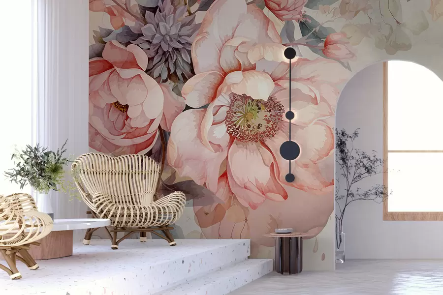 Fototapete Aquarellrosa Pfingstrosen mit zarten Blütenblättern, umgeben von üppigem pastellfarbenem Grün und anderen Blumen w01245