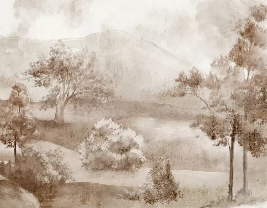 Fototapete Landschaftsmalerei einer nebligen Landschaftsszene, umgeben von üppigen Bäumen und Laub in Brauntönen w01247