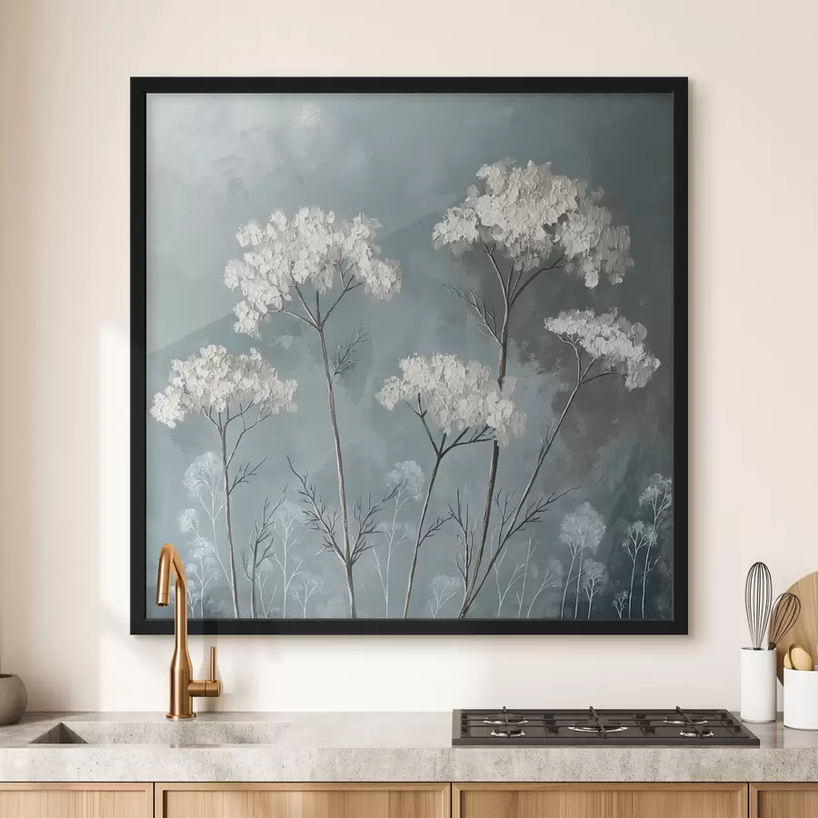 Fototapete ein Ölgemälde, das zarte weiße Blumen auf blauem Hintergrund zeigt f39325