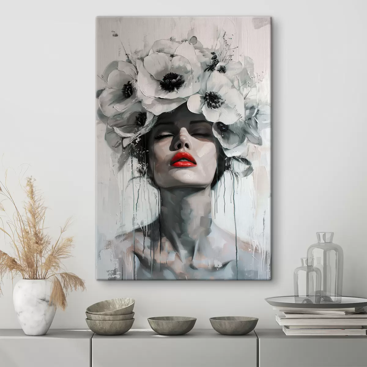 Wandbilder Portrait einer Frau mit Blumen im Haar und roten Lippen s39253