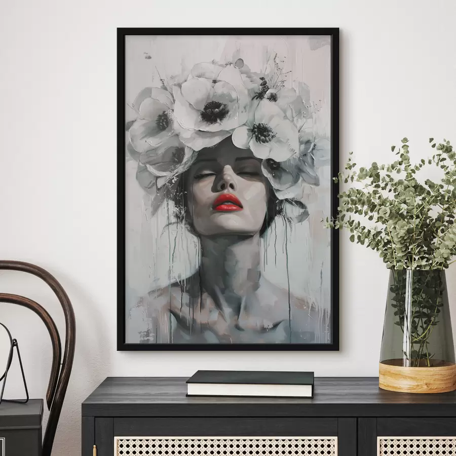 Fototapete Portrait einer Frau mit Blumen im Haar und roten Lippen f39253