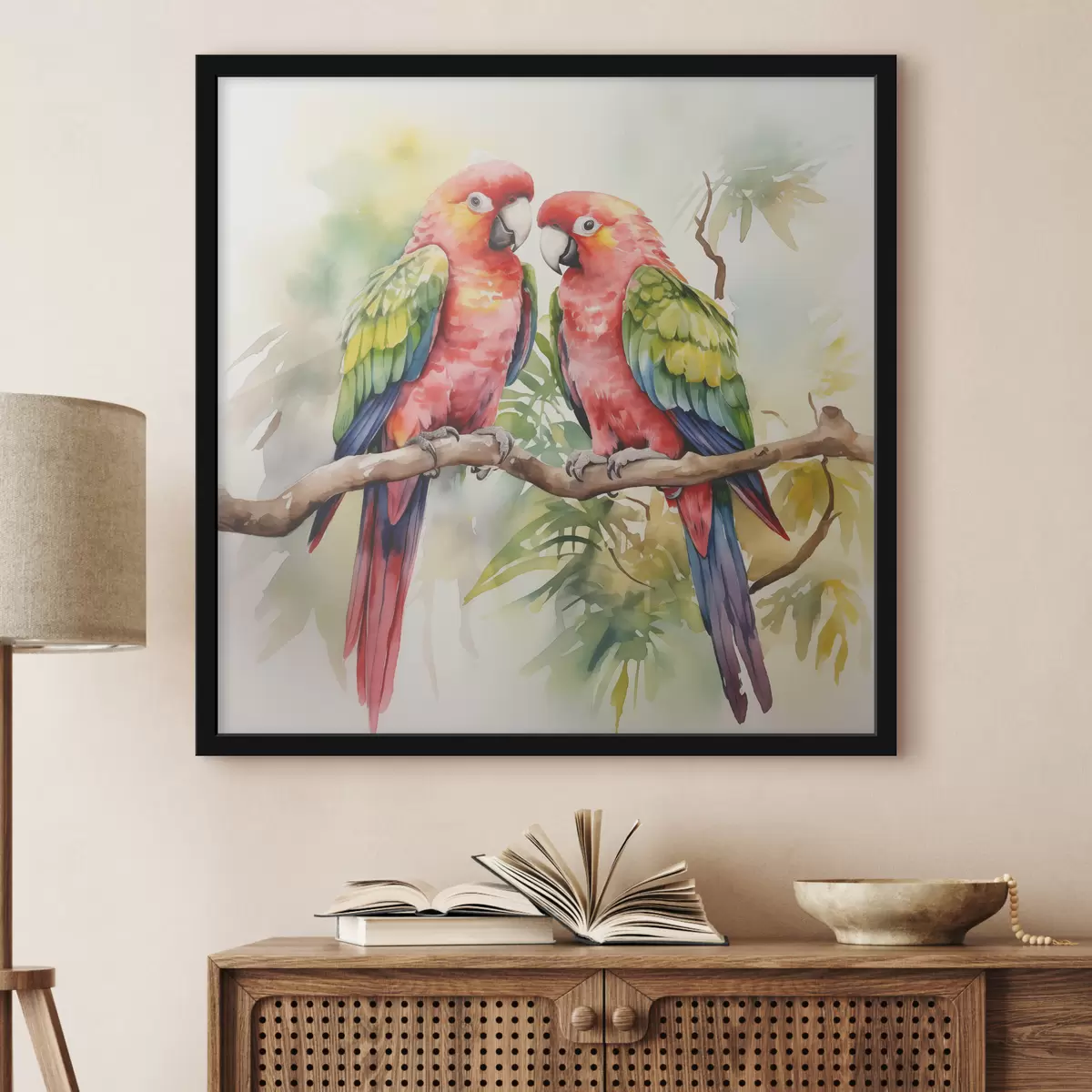 Poster Zwei helle Ara-Papageien sitzen auf einem Aquarell auf einem Ast f39333