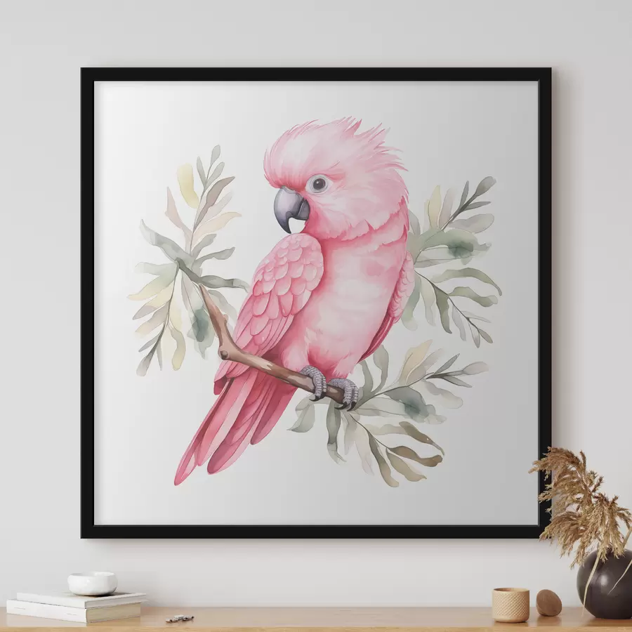 Fototapete Ein rosa Kakadupapagei sitzt auf einem Aquarellzweig f39334