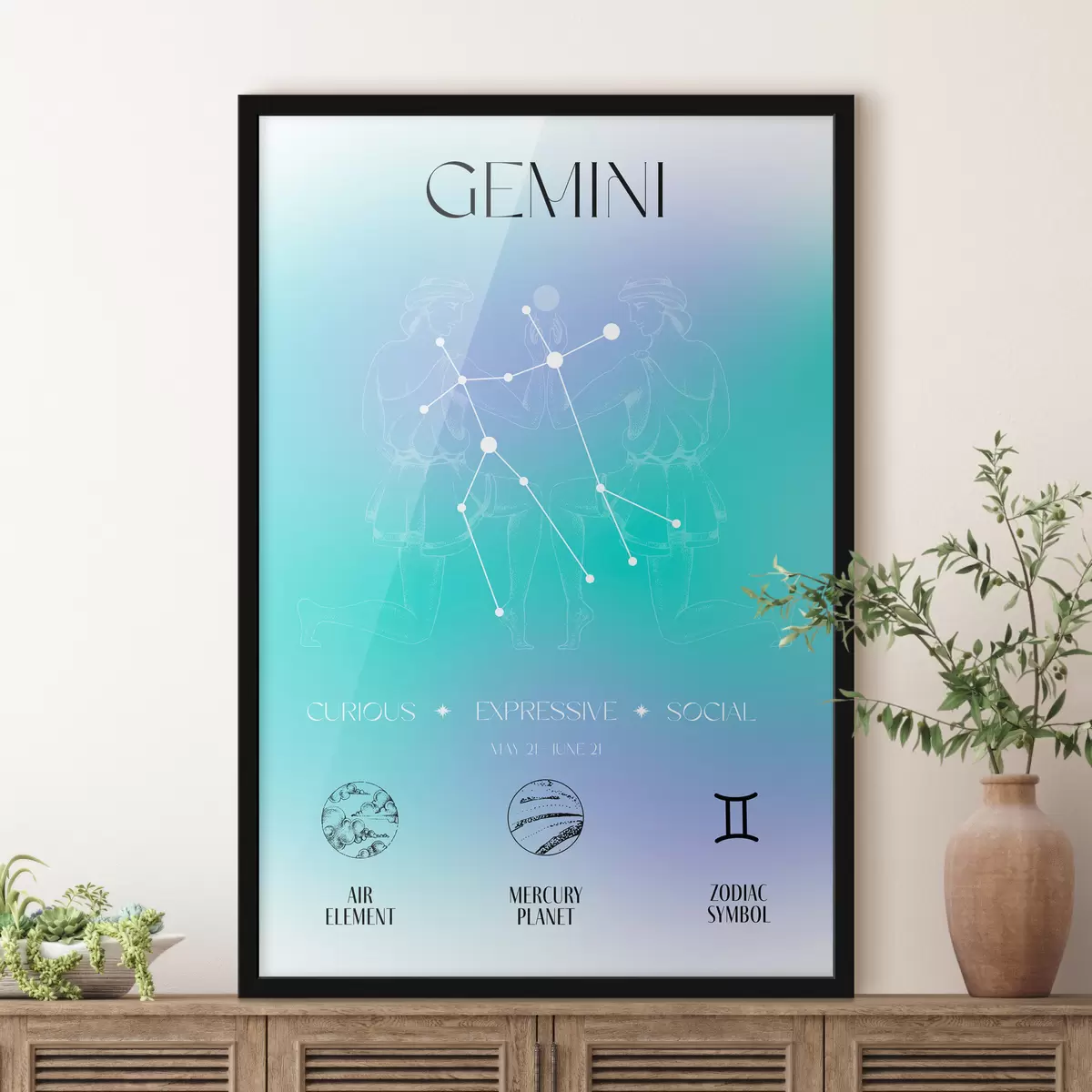 Poster Sternzeichen Zwillinge, Konstellationen, Kosmos, Planeten, Astrologie, blaue und violette Farben f39279