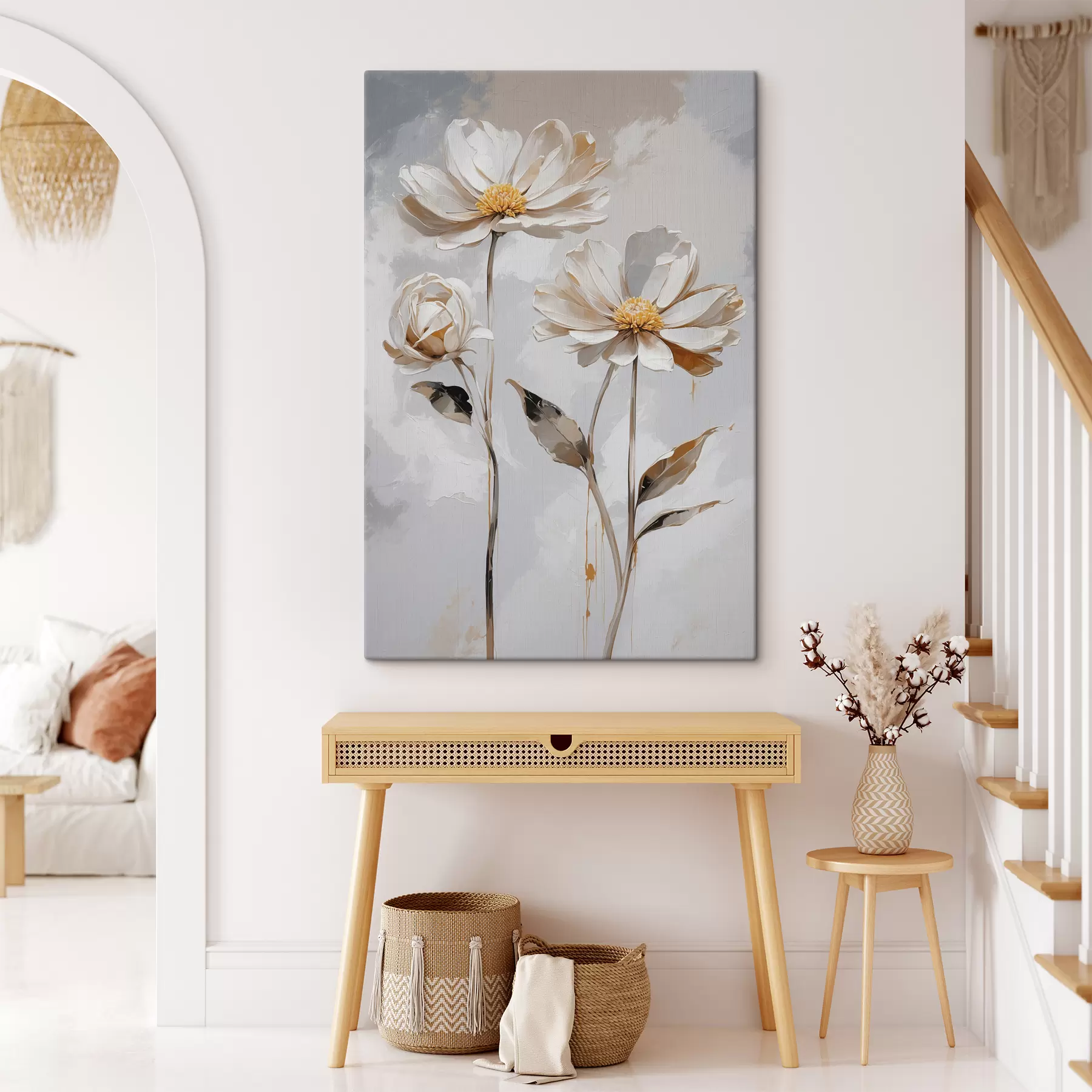 Wandbilder Weiße Blumen auf weiß-grauem Hintergrund s39174