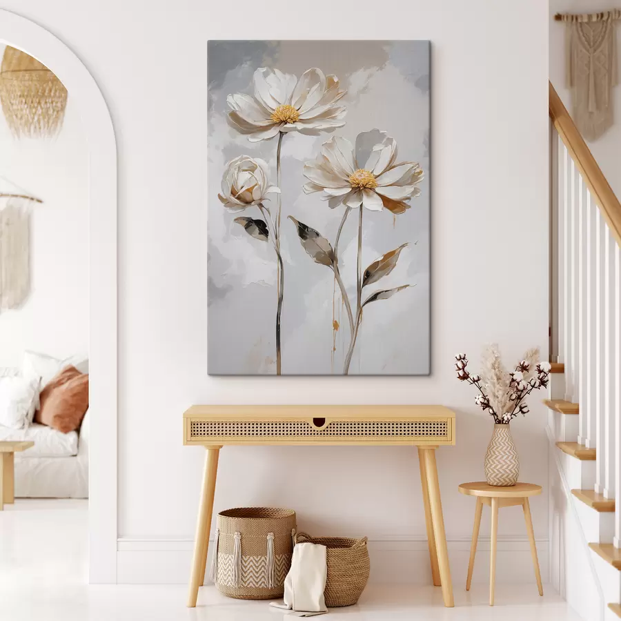 Wandbilder Weiße Blumen auf weiß-grauem Hintergrund s39174