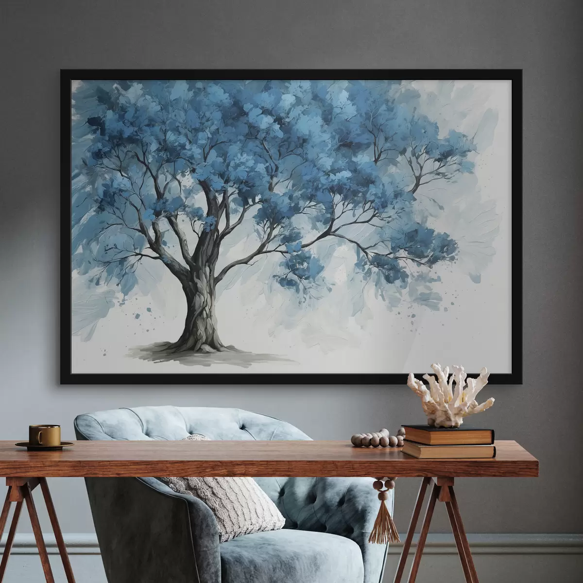 Poster Baum mit blauen Blättern auf weißem Hintergrund f39153