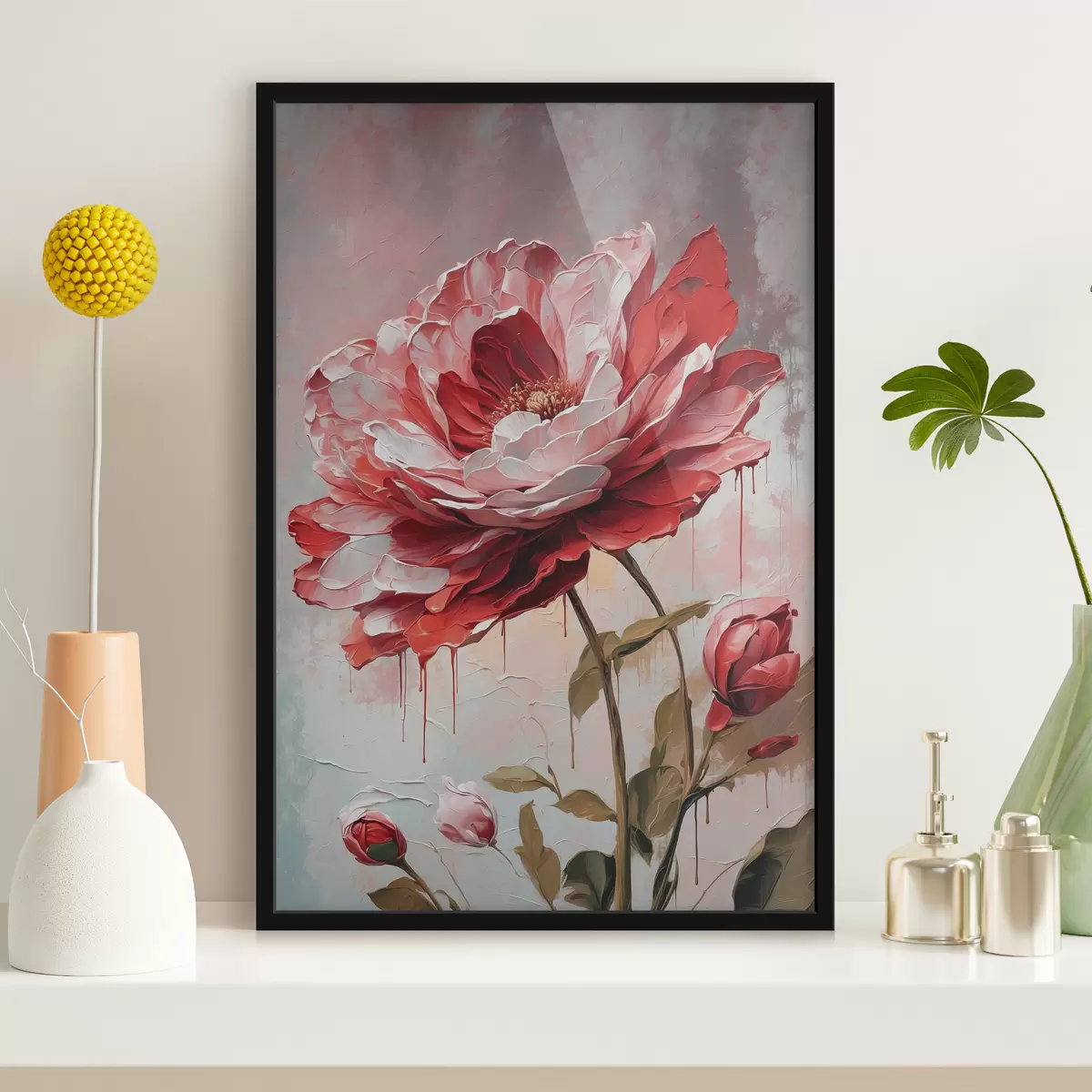 Poster Rote Blume auf weiß-grauem Hintergrund f39173