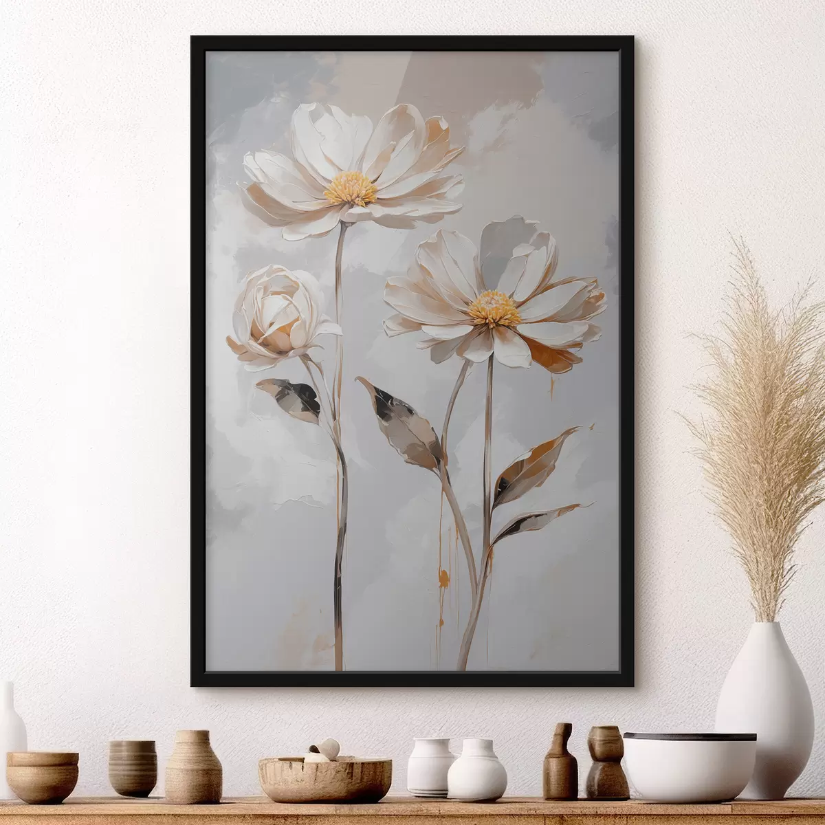 Poster Weiße Blumen auf weiß-grauem Hintergrund f39174