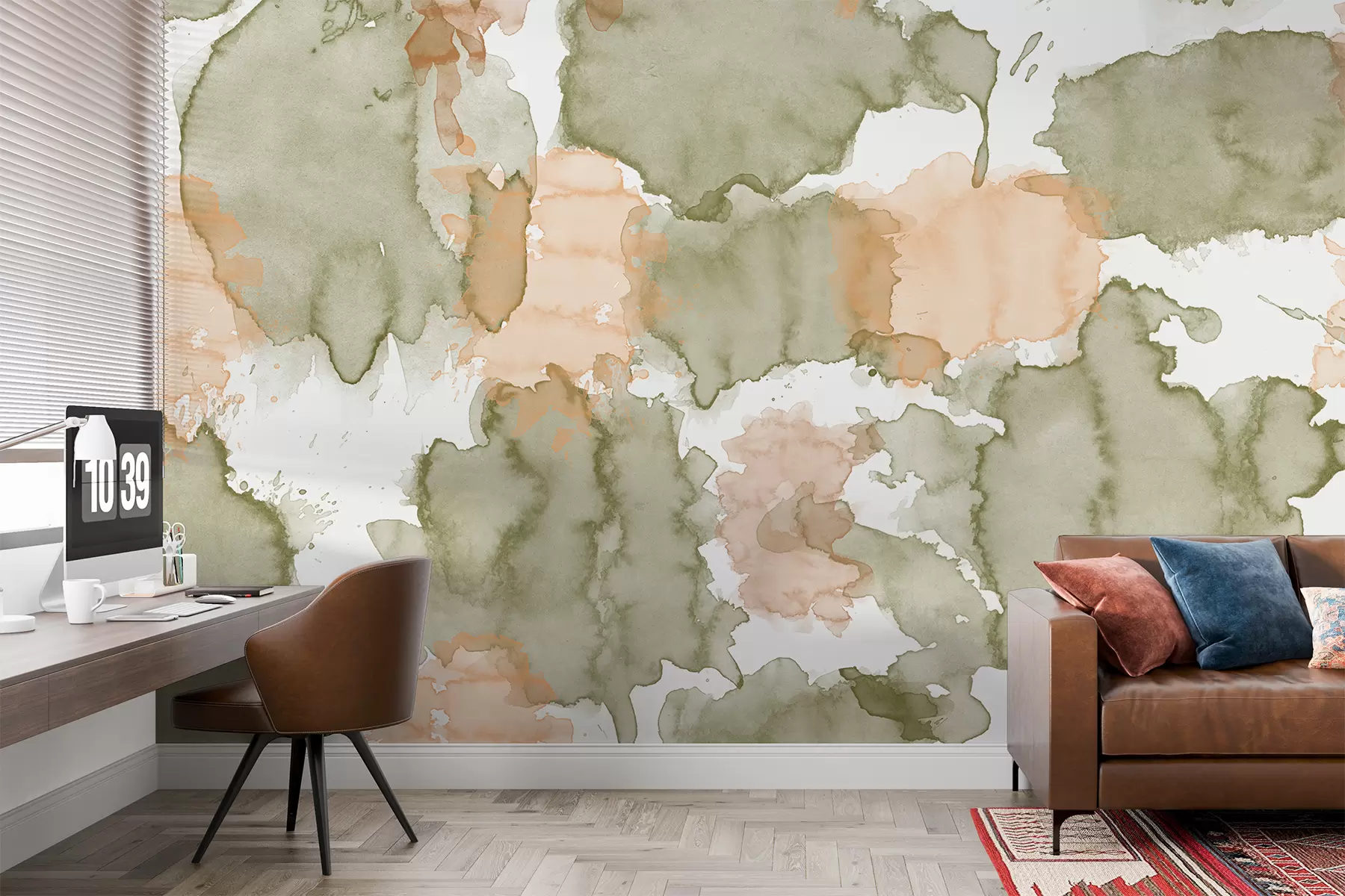 Fototapete Aquarellabstraktion, Musterzeichnung, natürliche Grün- und Beigetöne w01284v1