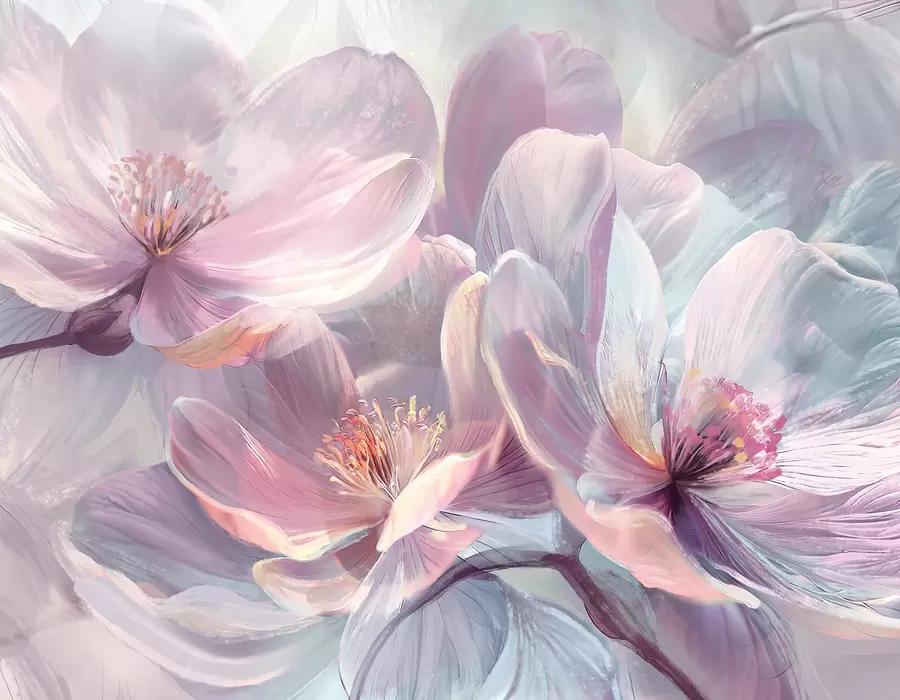 Fototapete Zarte transparente pastellfarbene neonhellrosa und weiße Blüten mit weichem, unscharfem Hintergrund w01307