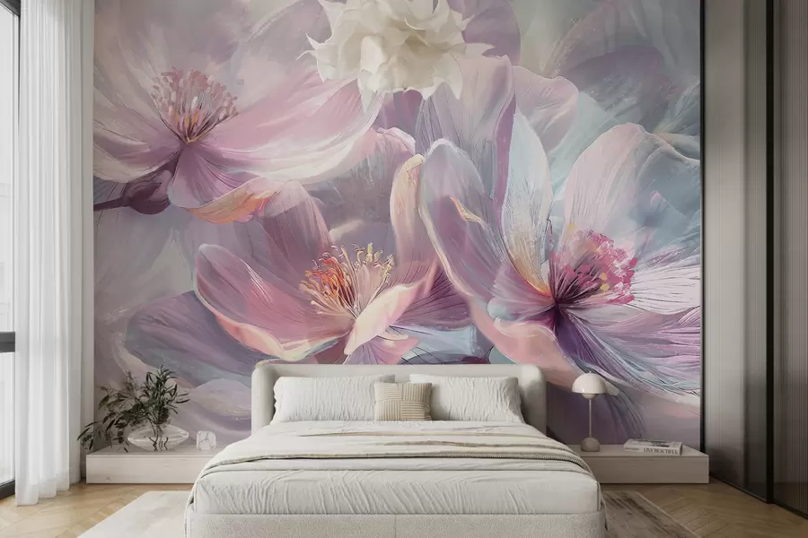 Fototapete Zarte transparente pastellfarbene neonhellrosa und weiße Blüten mit weichem, unscharfem Hintergrund w01307