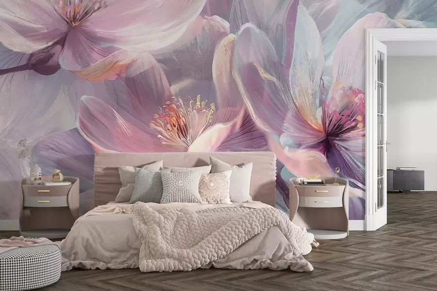 Fototapete Zarte transparente pastellfarbene neonhellrosa und weiße Blüten mit weichem, unscharfem Hintergrund w01307