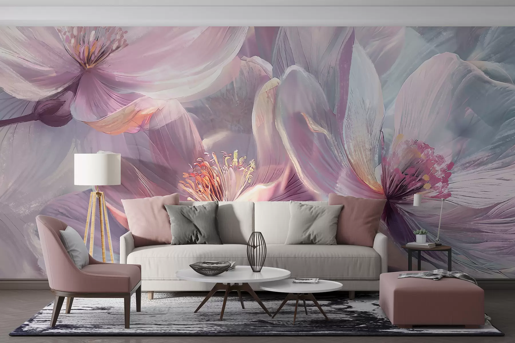 Fototapete Zarte transparente pastellfarbene neonhellrosa und weiße Blüten mit weichem, unscharfem Hintergrund w01307