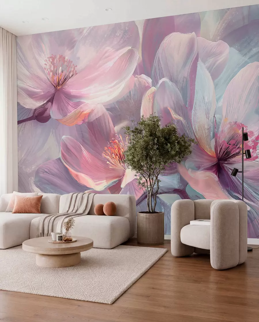 Fototapete Zarte transparente pastellfarbene neonhellrosa und weiße Blüten mit weichem, unscharfem Hintergrund w01307