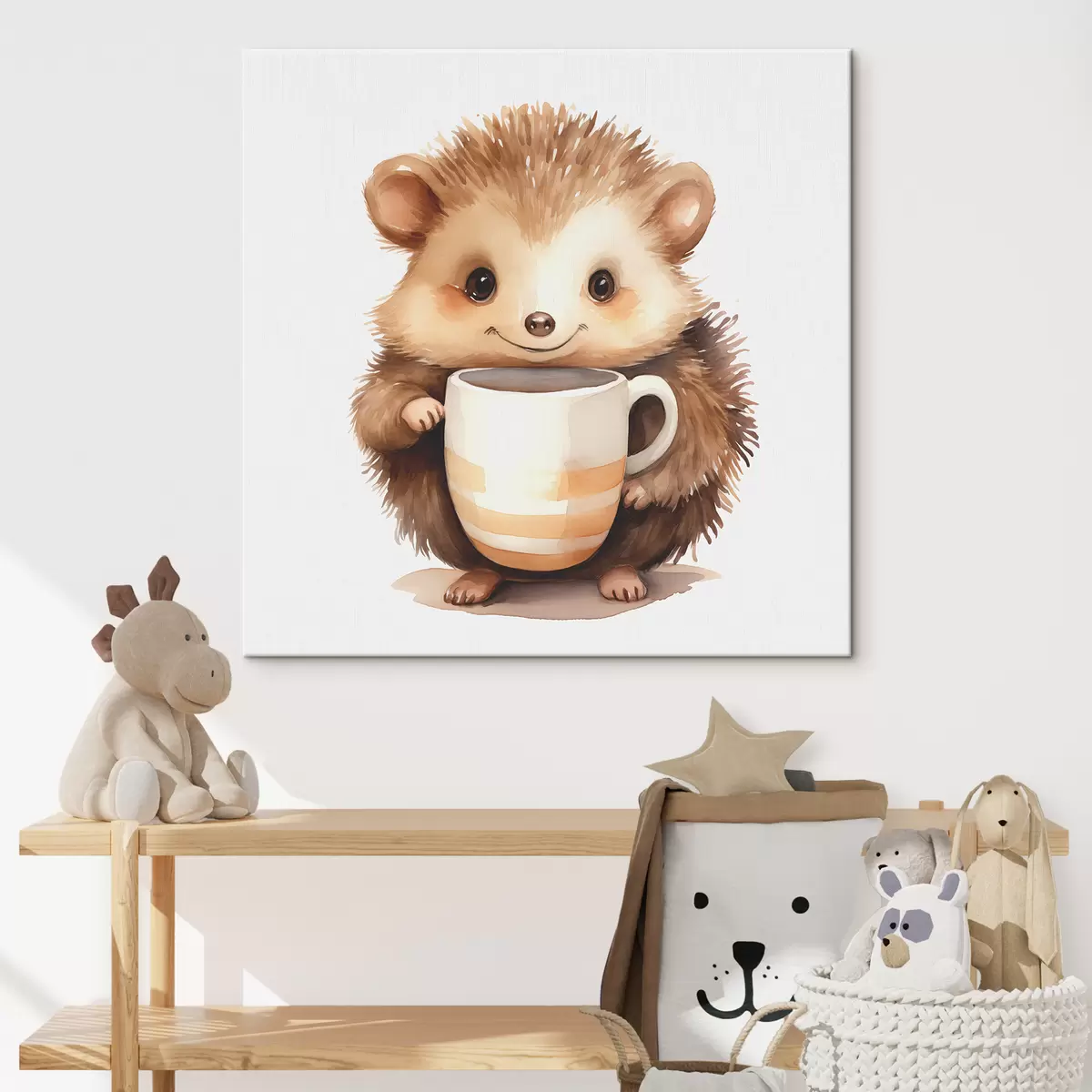 Wandbilder Igel hält eine weiße Tasse in seinen Pfoten Aquarell Kinder Illustration s39440