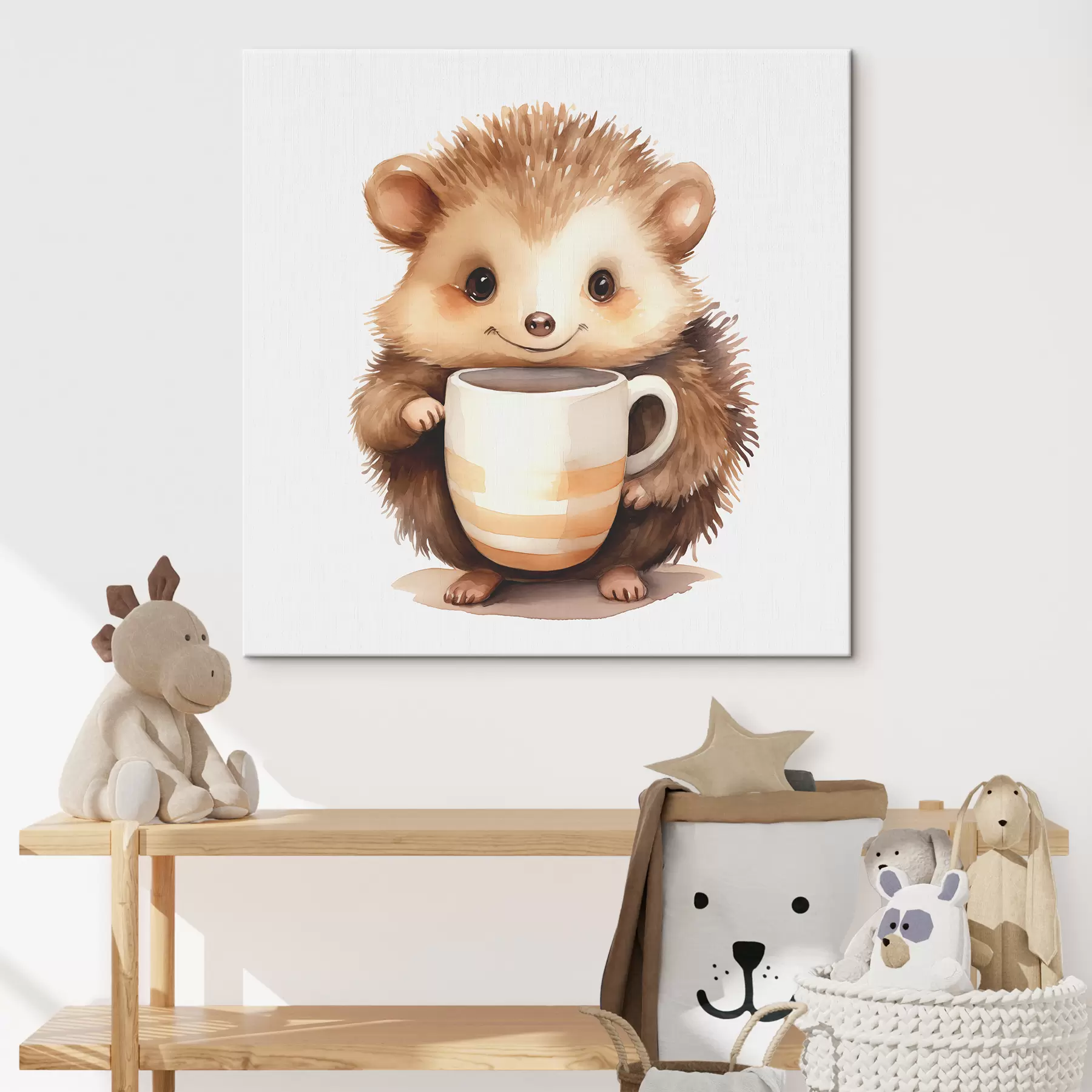 Wandbilder Igel hält eine weiße Tasse in seinen Pfoten Aquarell Kinder Illustration s39440