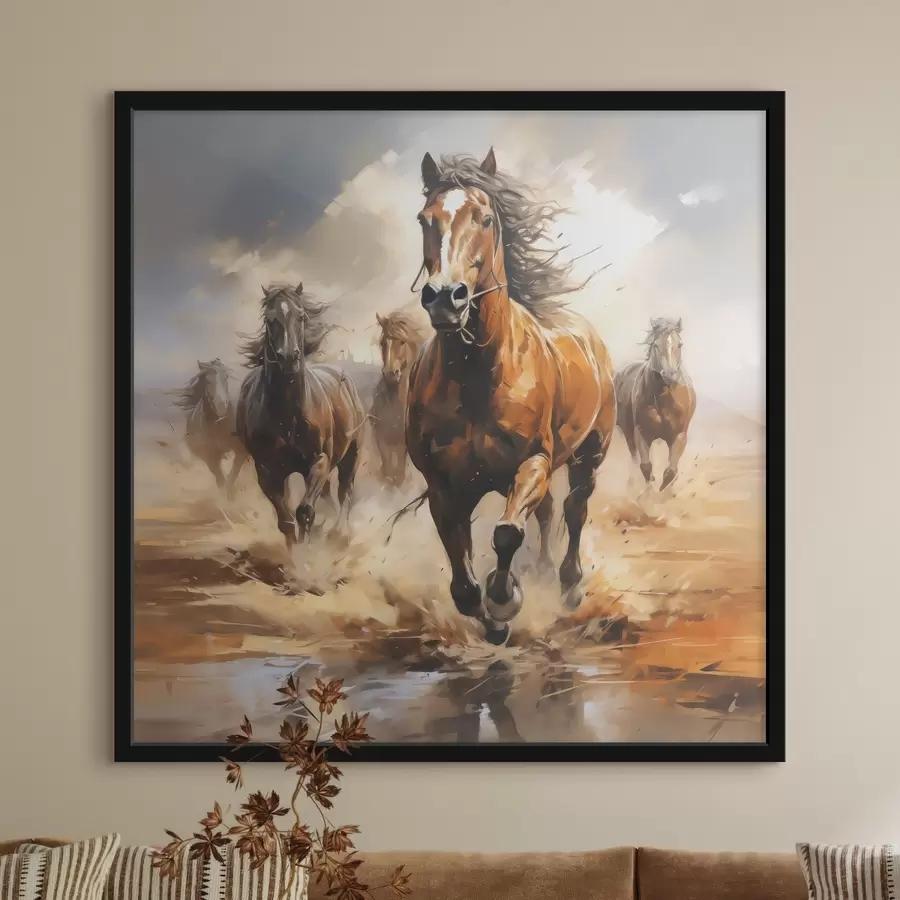 Fototapete Galoppierende Pferde auf der Wiese Ölgemälde f39436