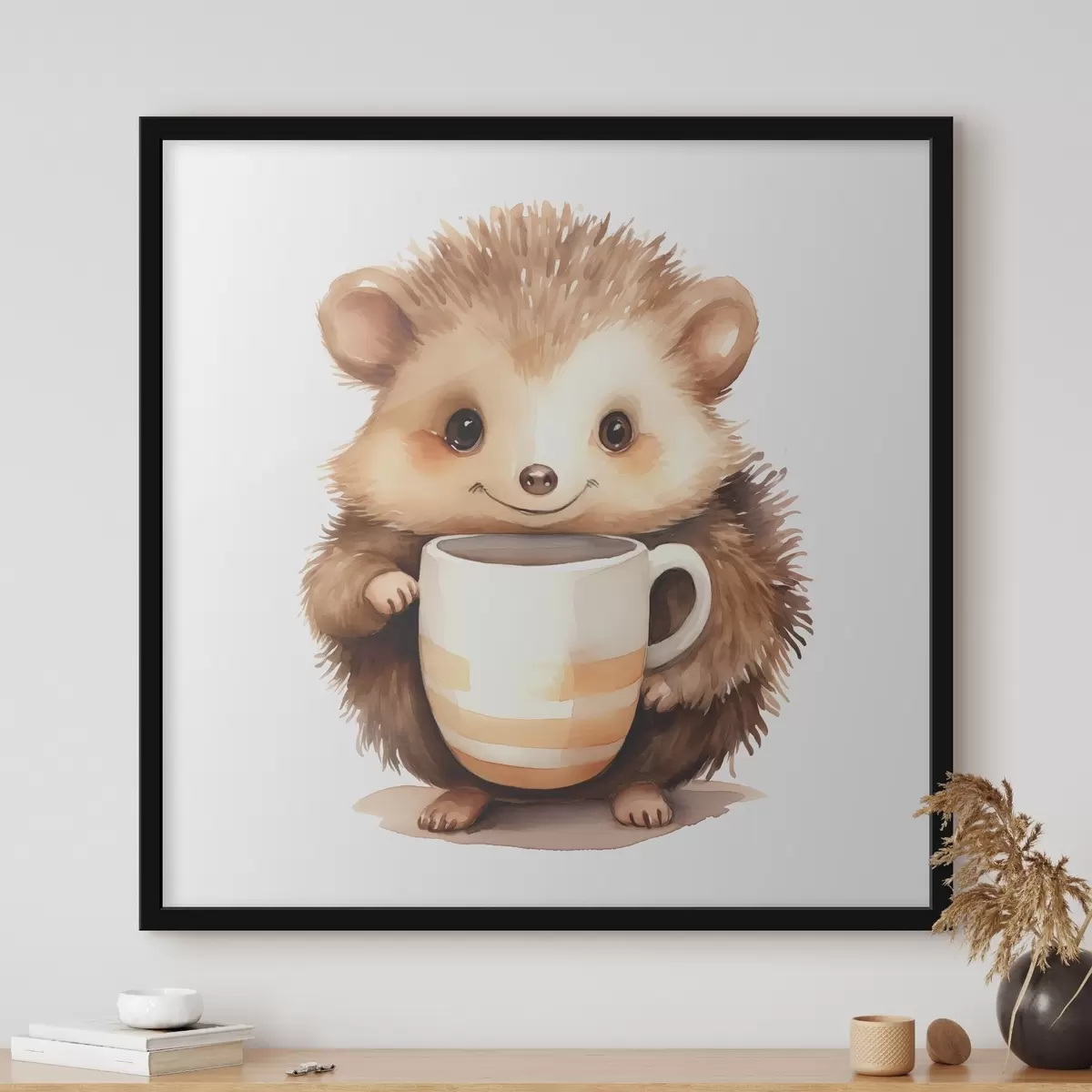 Poster Igel hält eine weiße Tasse in seinen Pfoten Aquarell Illustration für Kinder f39440