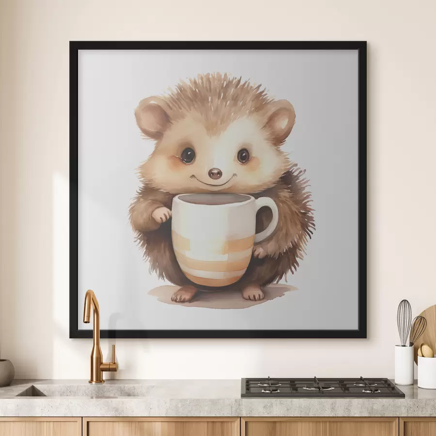 Fototapete Igel hält eine weiße Tasse in seinen Pfoten Aquarell Illustration für Kinder f39440
