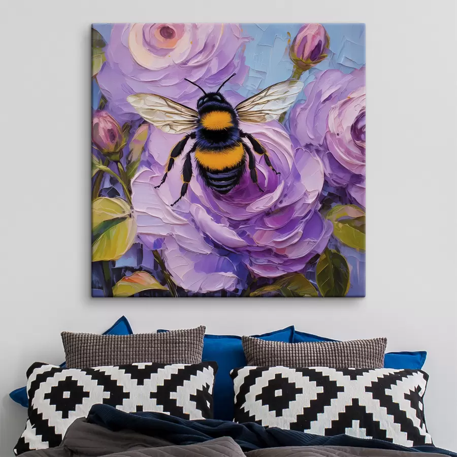 Wandbilder Biene auf den rosa Pfingstrosen, bunte Sommerblumen, Ölgemälde, lebendige Pinselstriche s39411