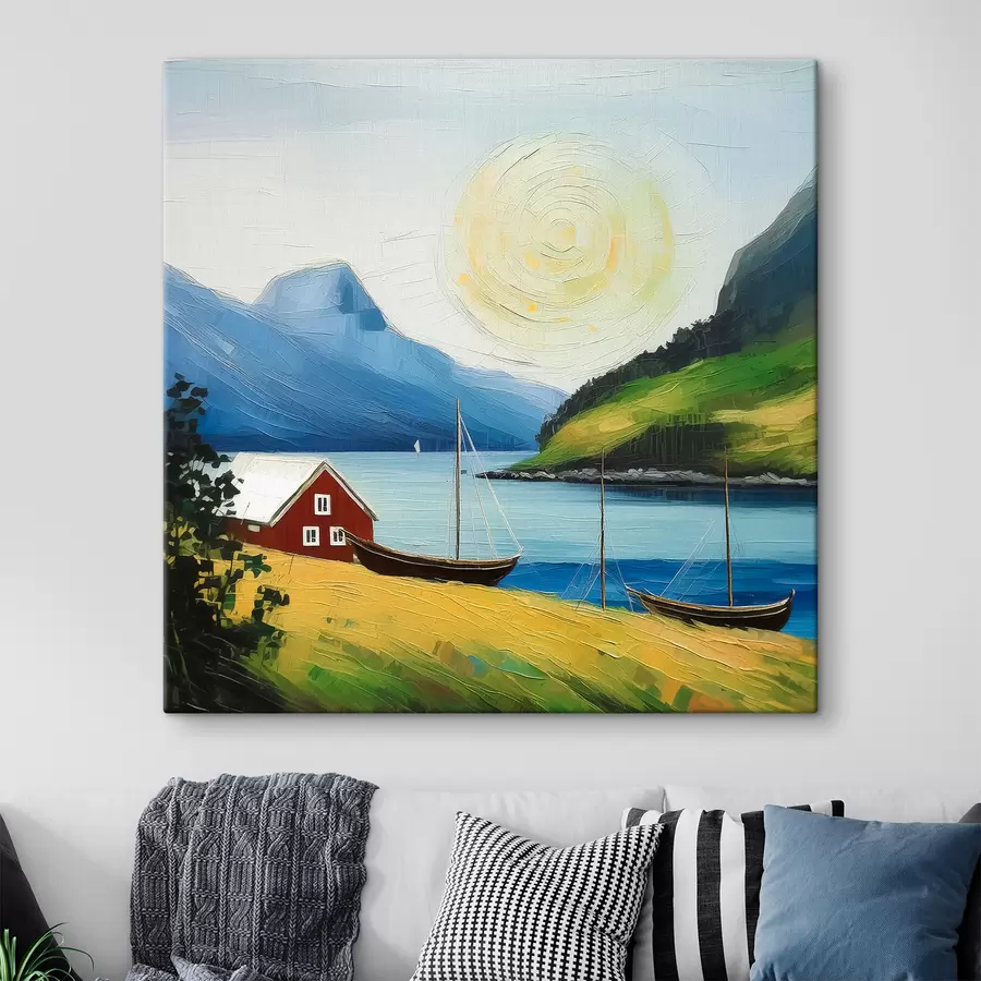 Wandbilder Nordischer Sommer, kleines Haus an der Meeresküste, Sonne am blauen Himmel, Berge s39423