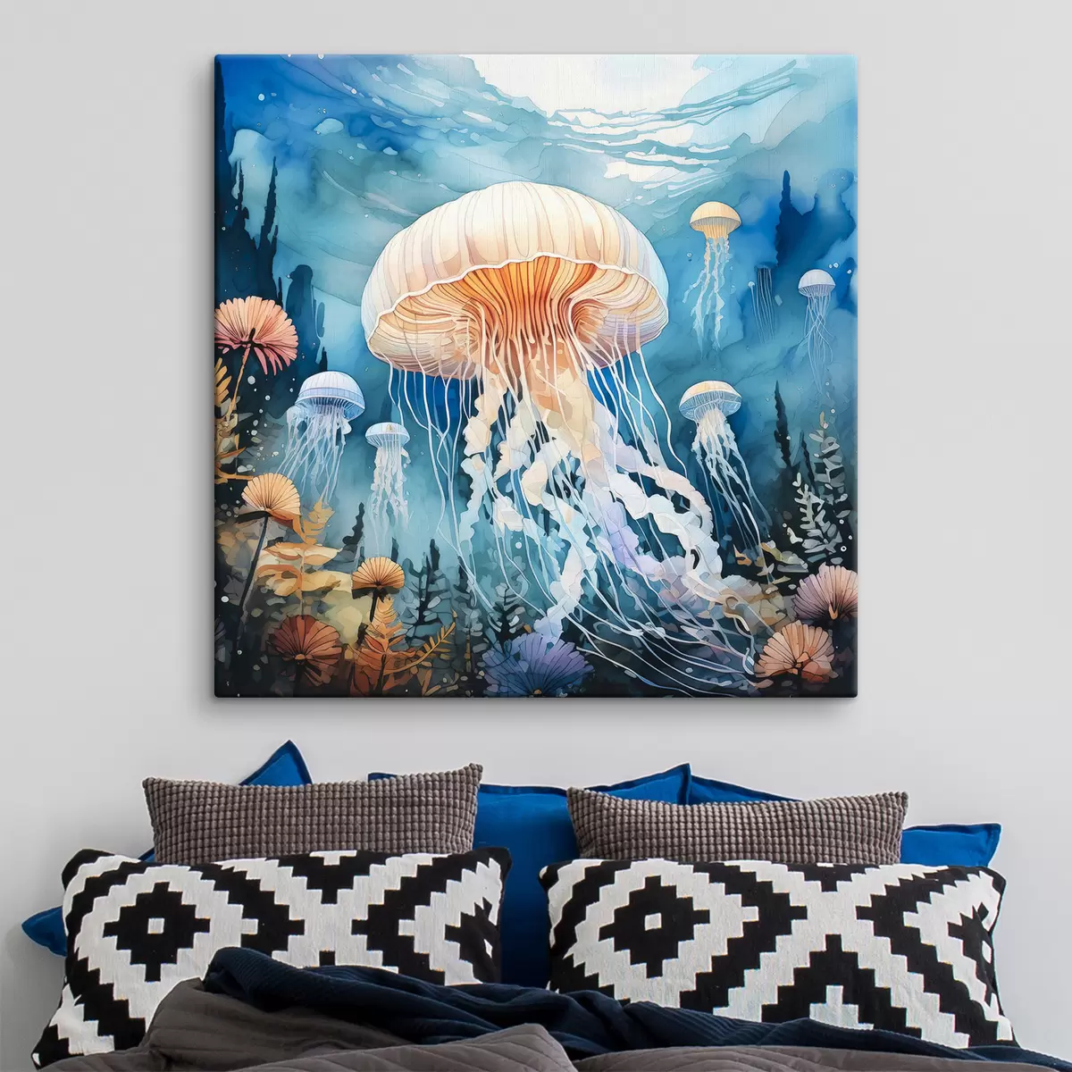 Wandbilder Unterwasserleben, Quallen, Aquarell, Korallenriffe, Aquamarinfarben s39428