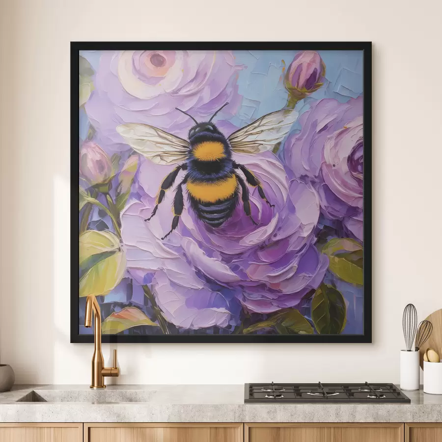 Fototapete Biene auf rosa Pfingstrosen, bunte Sommerblumen, Ölgemälde, lebhafte Pinselstriche f39411