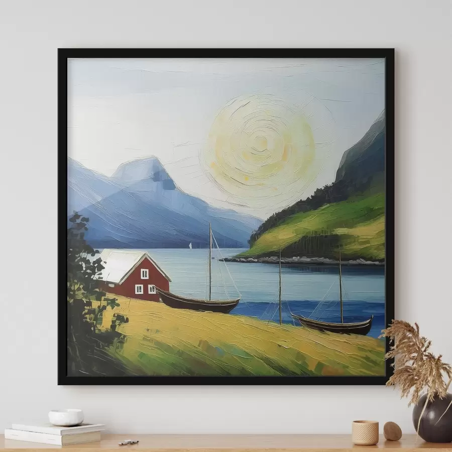 Fototapete Nordischer Sommer, kleines Haus an der Meeresküste, Sonne am blauen Himmel, Berge f39423